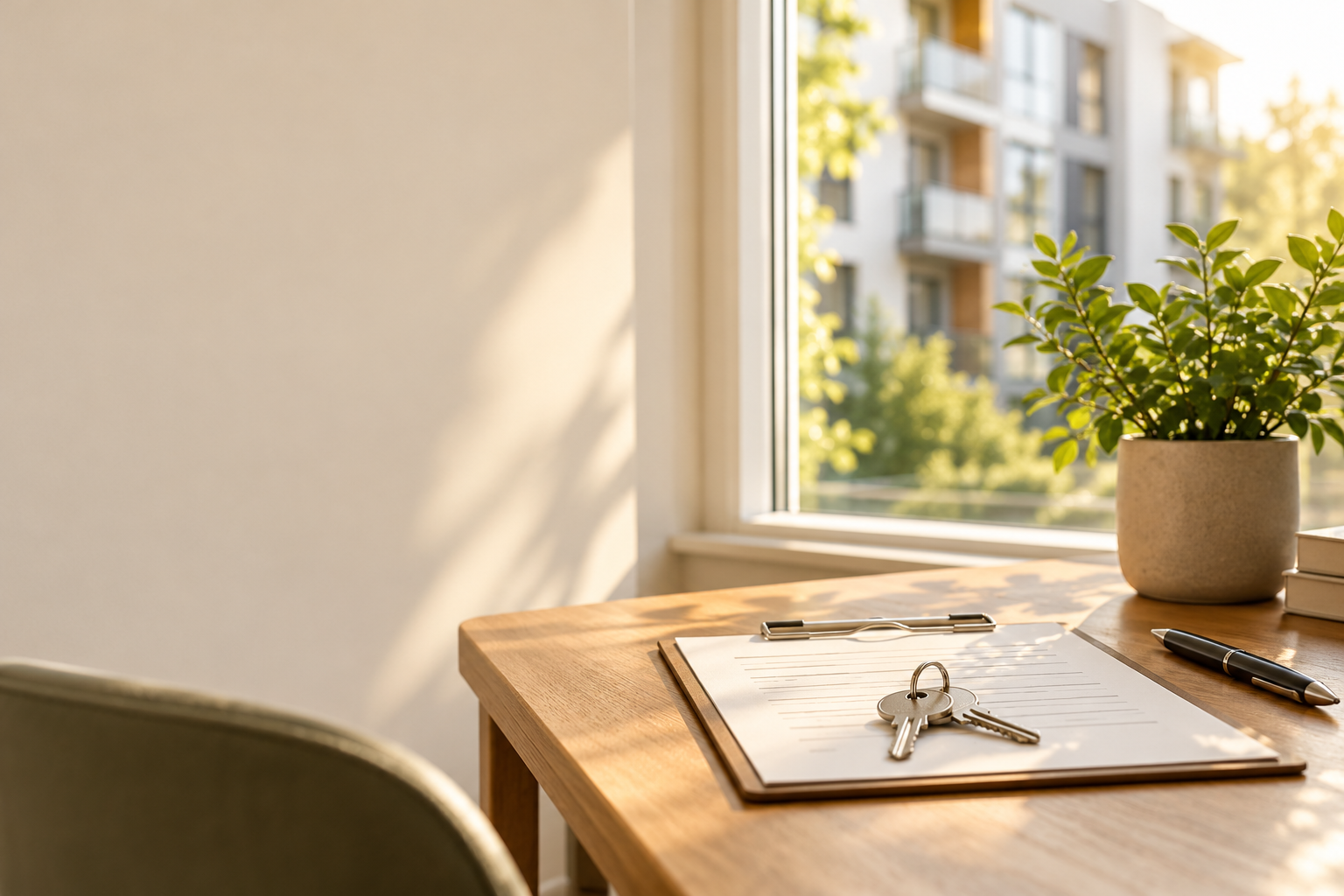 Clipboard and apartment keys beside a sunlit window — AI-generated illustration